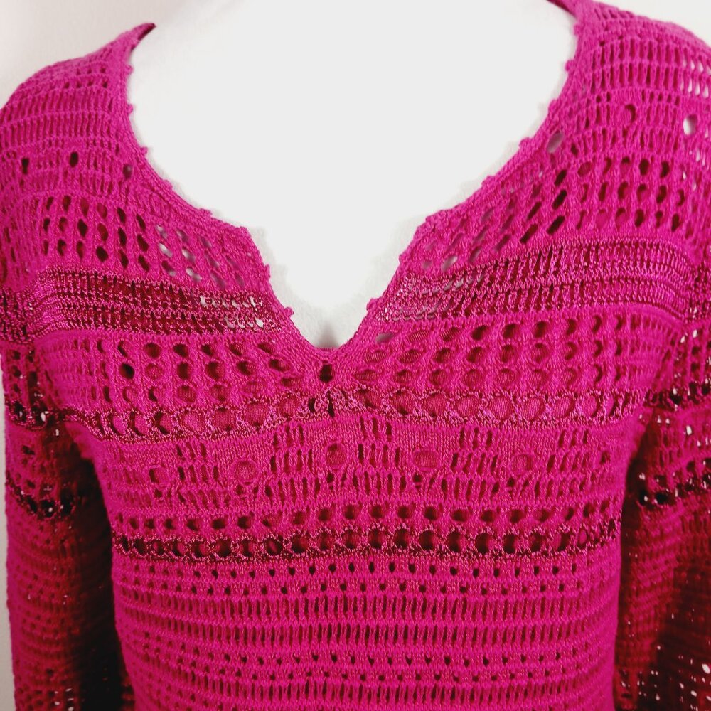 Hot In Hollywood Fuchsia Pink Crochet Tunic W/ Attached Tank, 3/4 Sleeve, Medium - Picture 6 of 16